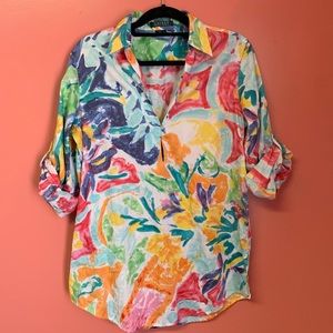 LRL floral watercolor pastel tunic one button